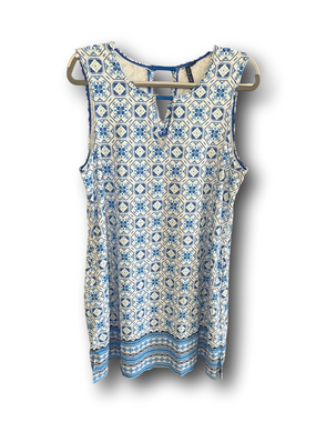 Aqua et Sol Sleeveless Blue and White Tile-Print Shift Dress